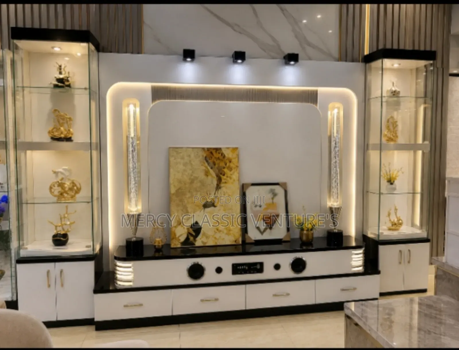 Luxury Modern TV Wall Unit With Blue RGB LED Light Wine Display