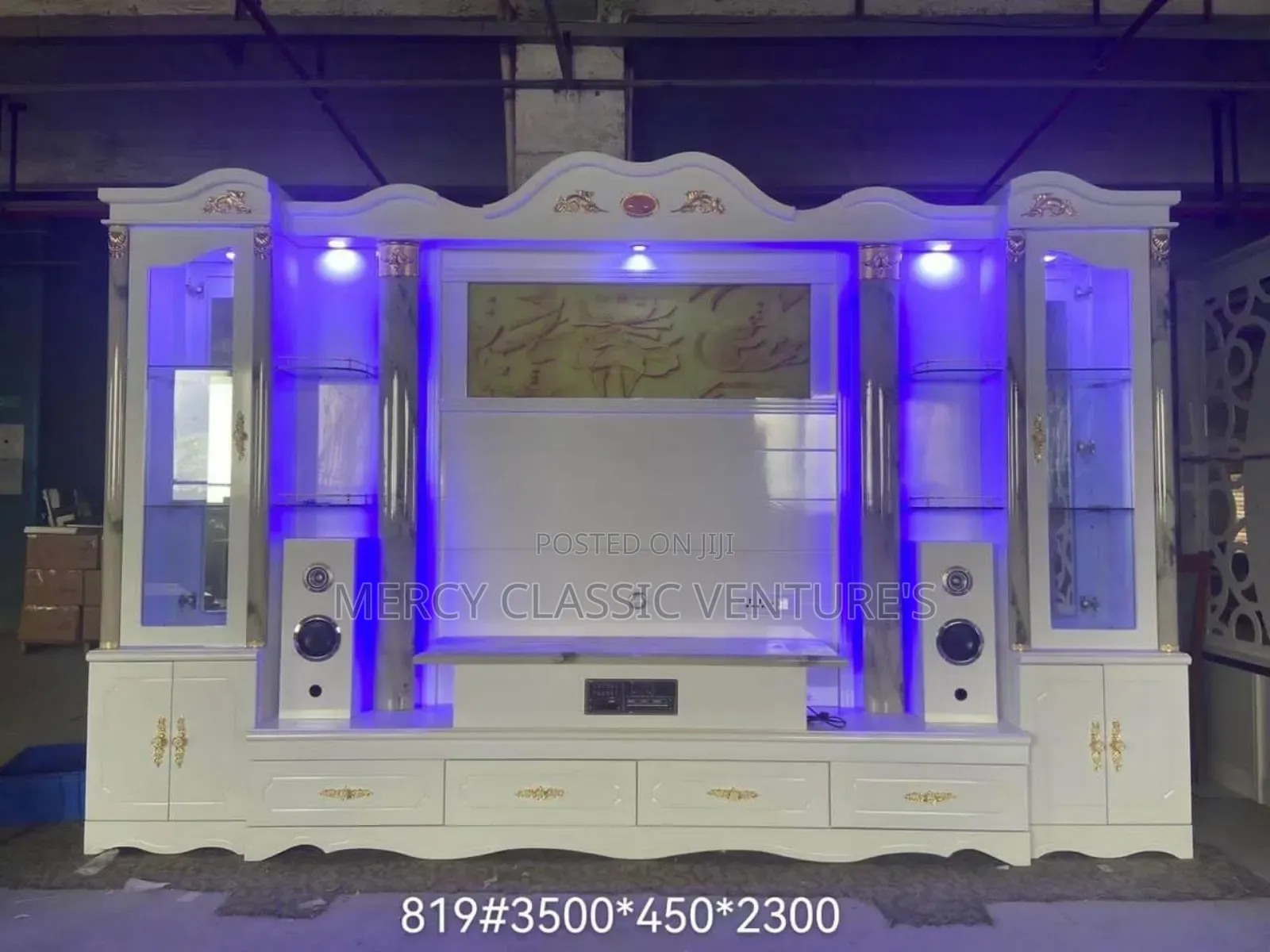 Luxury Modern TV Wall Unit With Blue RGB LED Light Wine Display