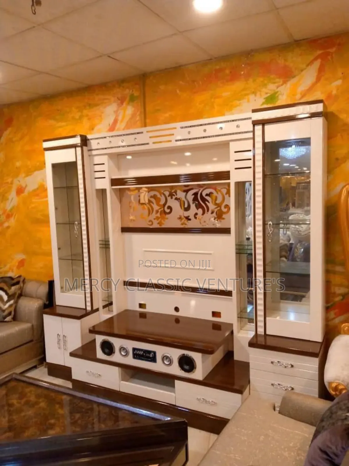Luxury Modern TV Wall Unit With Blue RGB LED Light Wine Display