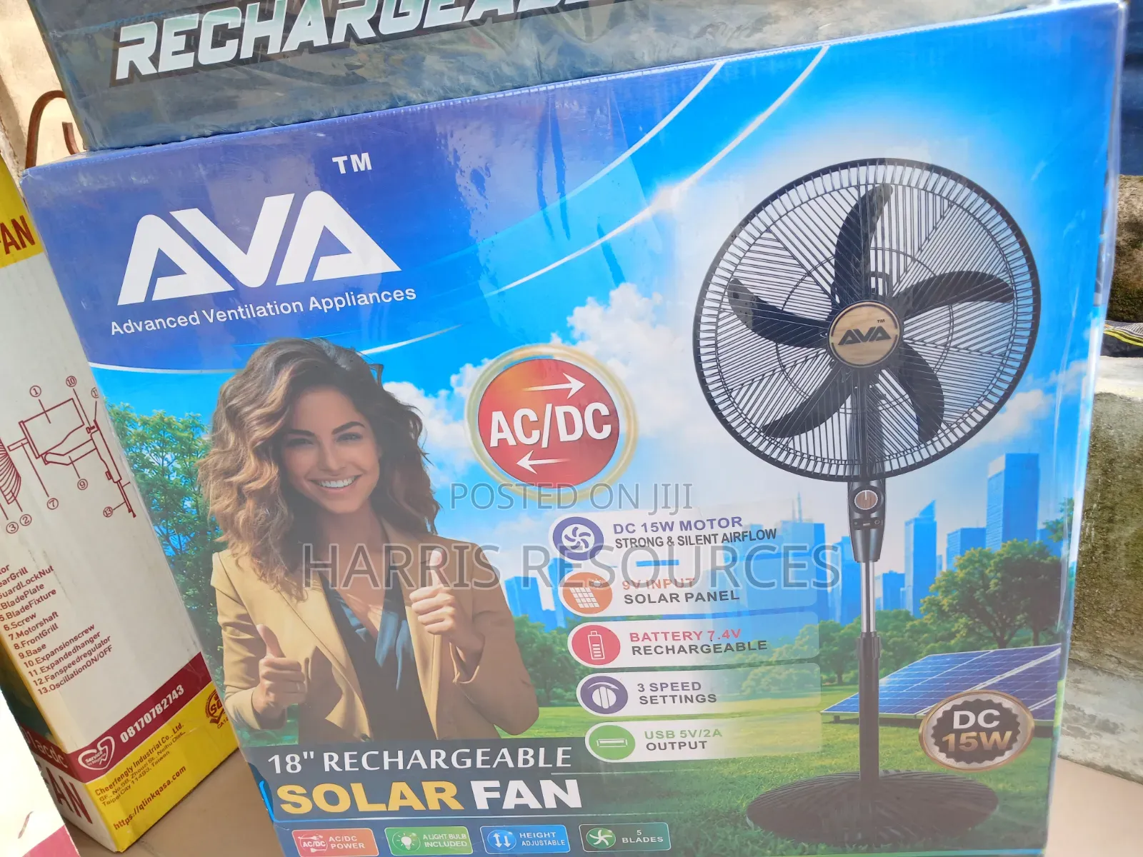 Ava 18-Inch Rechargeable Solar Standing Fan With Solar Panel & Bulb