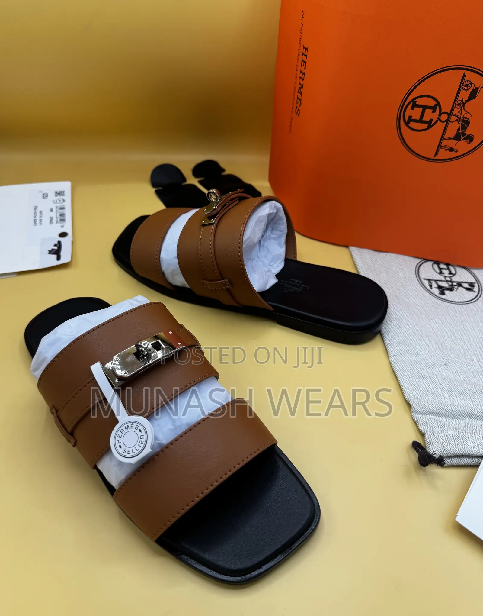 Original Leather Hermes Calfskin Brown Ans Black Slipers 40-46