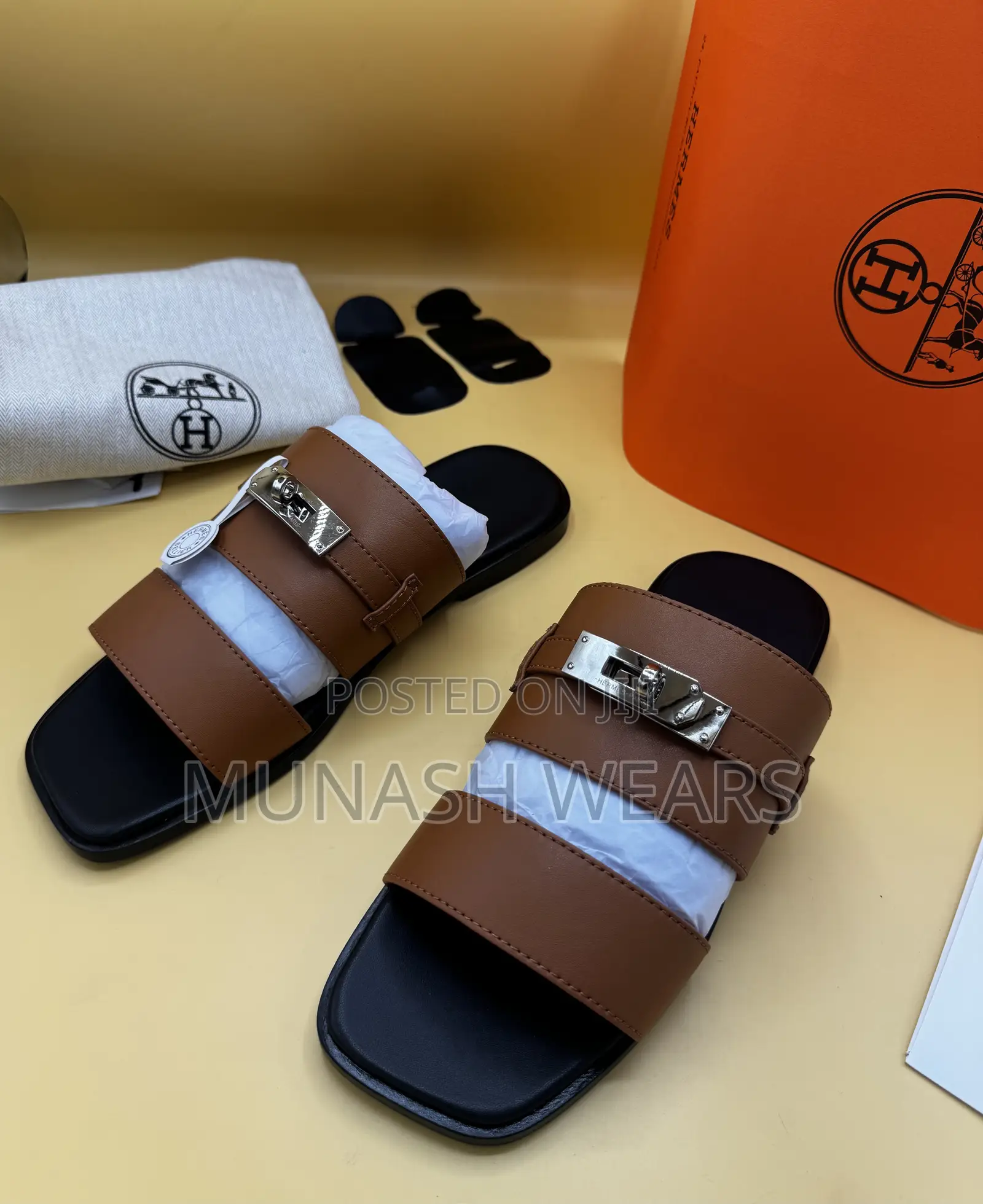 Original Leather Hermes Calfskin Brown Ans Black Slipers 40-46