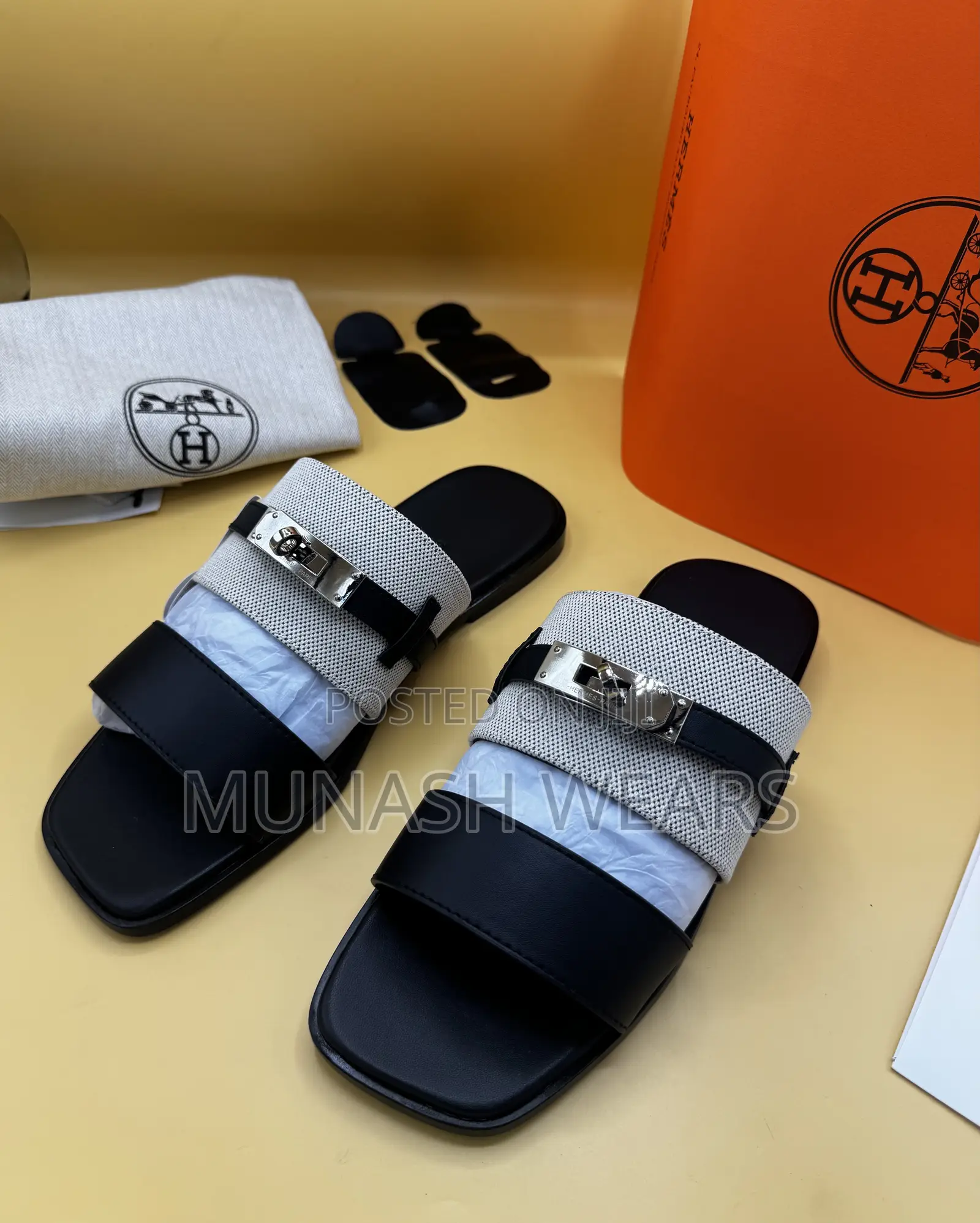Original Leather Hermes Calfskin Brown Ans Black Slipers 40-46