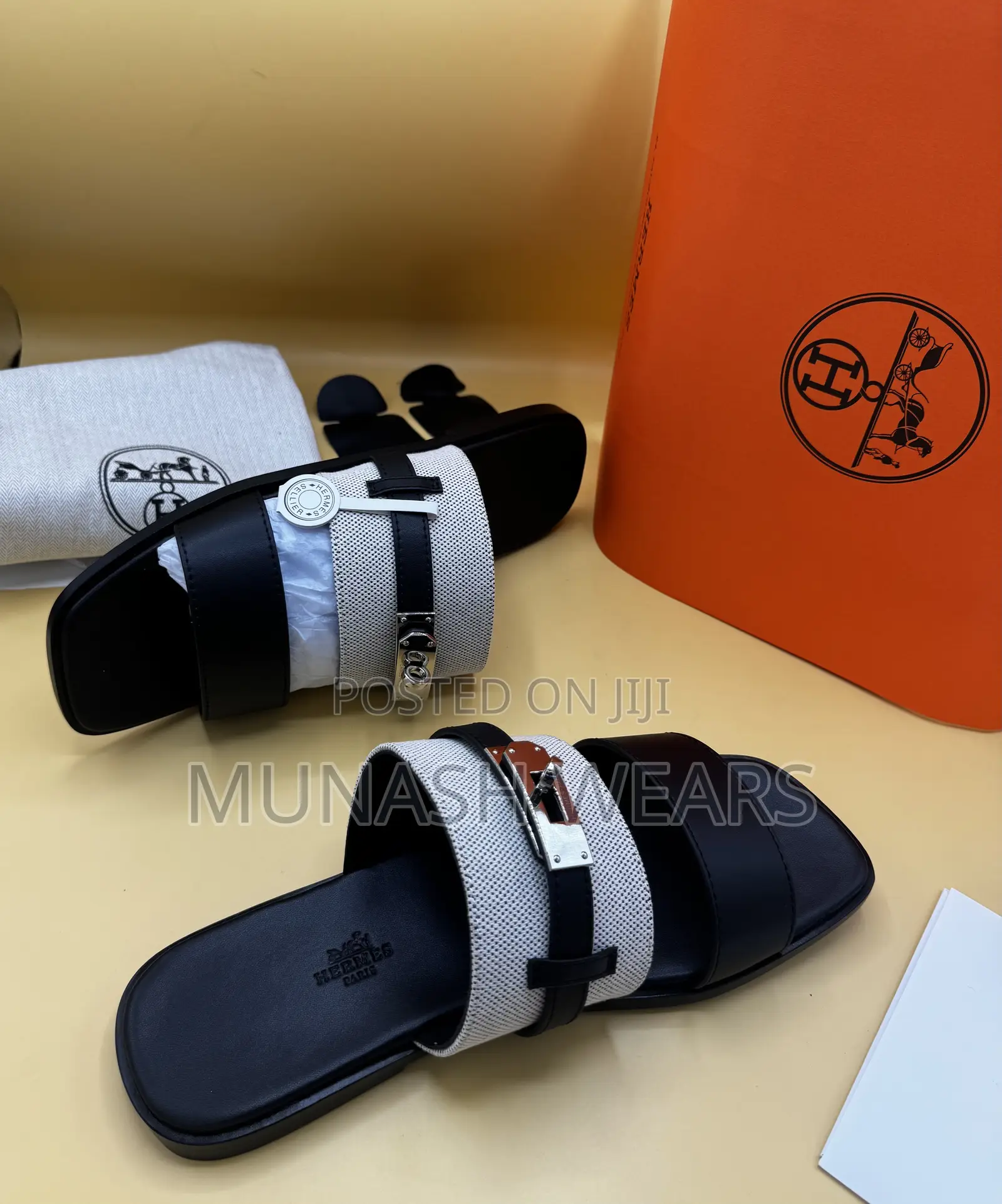 Original Leather Hermes Calfskin Brown Ans Black Slipers 40-46