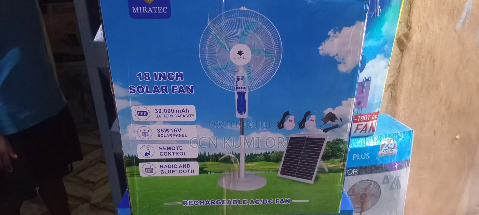 Miratec 18-Inch Solar Rechargeable Fan. Bluetooth and Bolbs