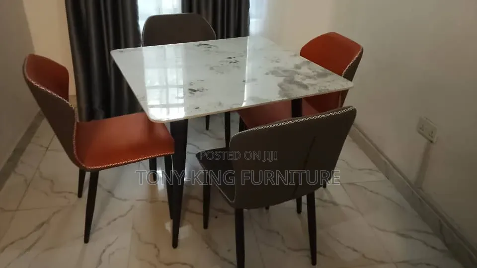 Modern 4-Seater Marble Dining Table Set With Black Metal Leg