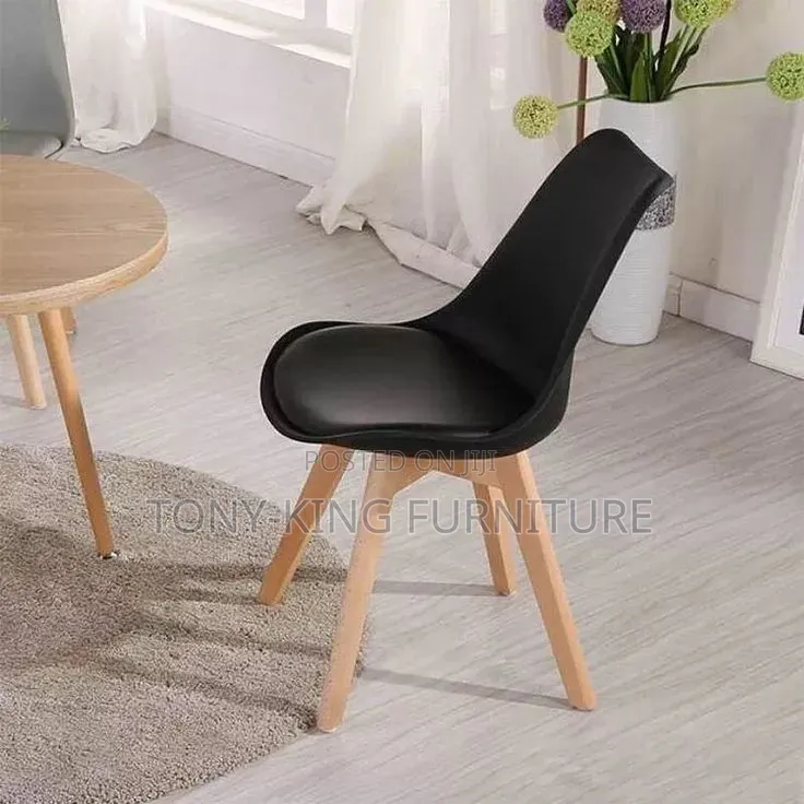 Modern Black Dining Chair With Strong Wooden Leg Padded Seat Cushion