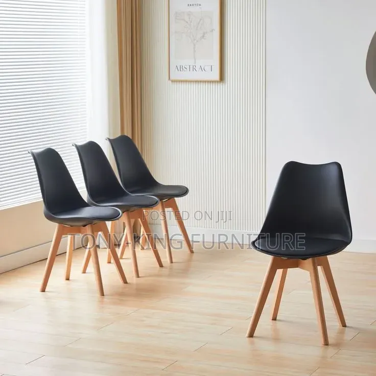 Modern Black Dining Chair With Strong Wooden Leg Padded Seat Cushion