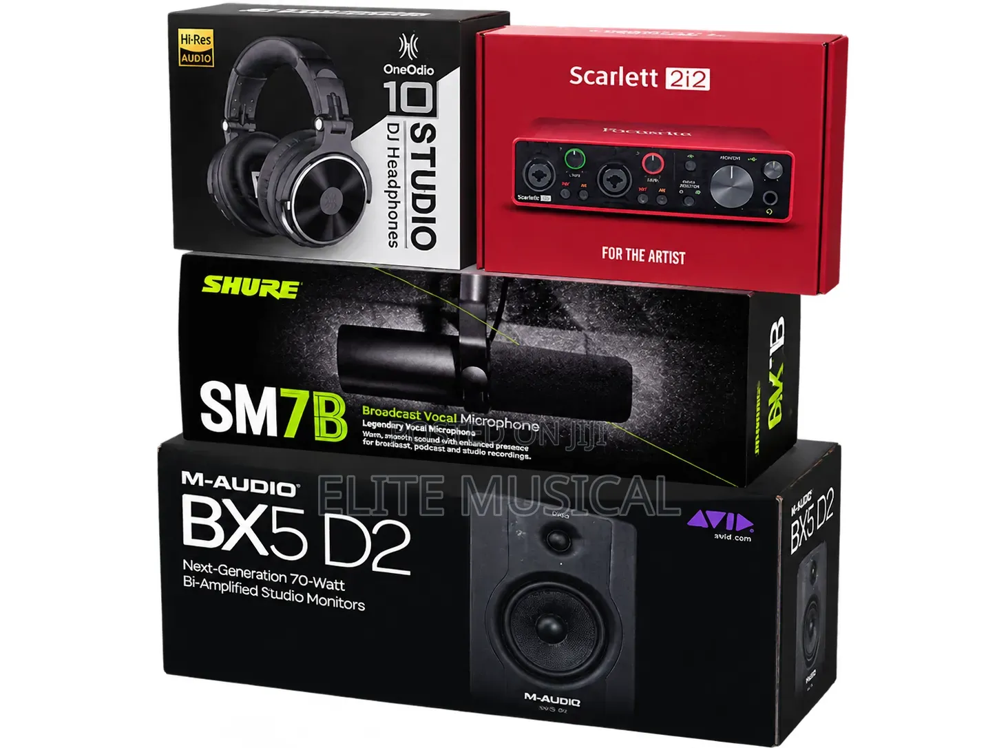 Shure SM7B, Focusrite Scarlett 2i2, OneOdio Headphone, M-Audio BX5-D2