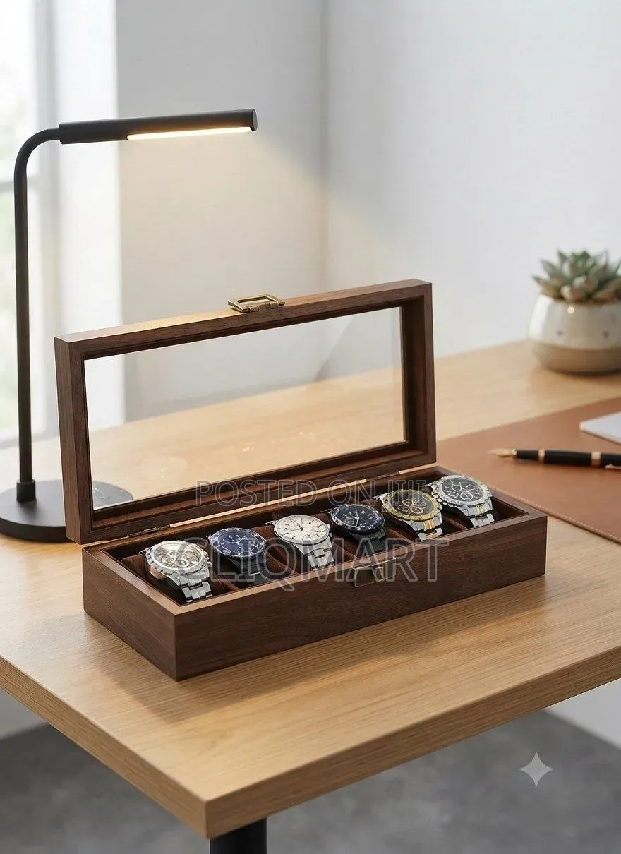 6 Slot Wood Grain Watch Box – Storage Case for Watches and Jewelry