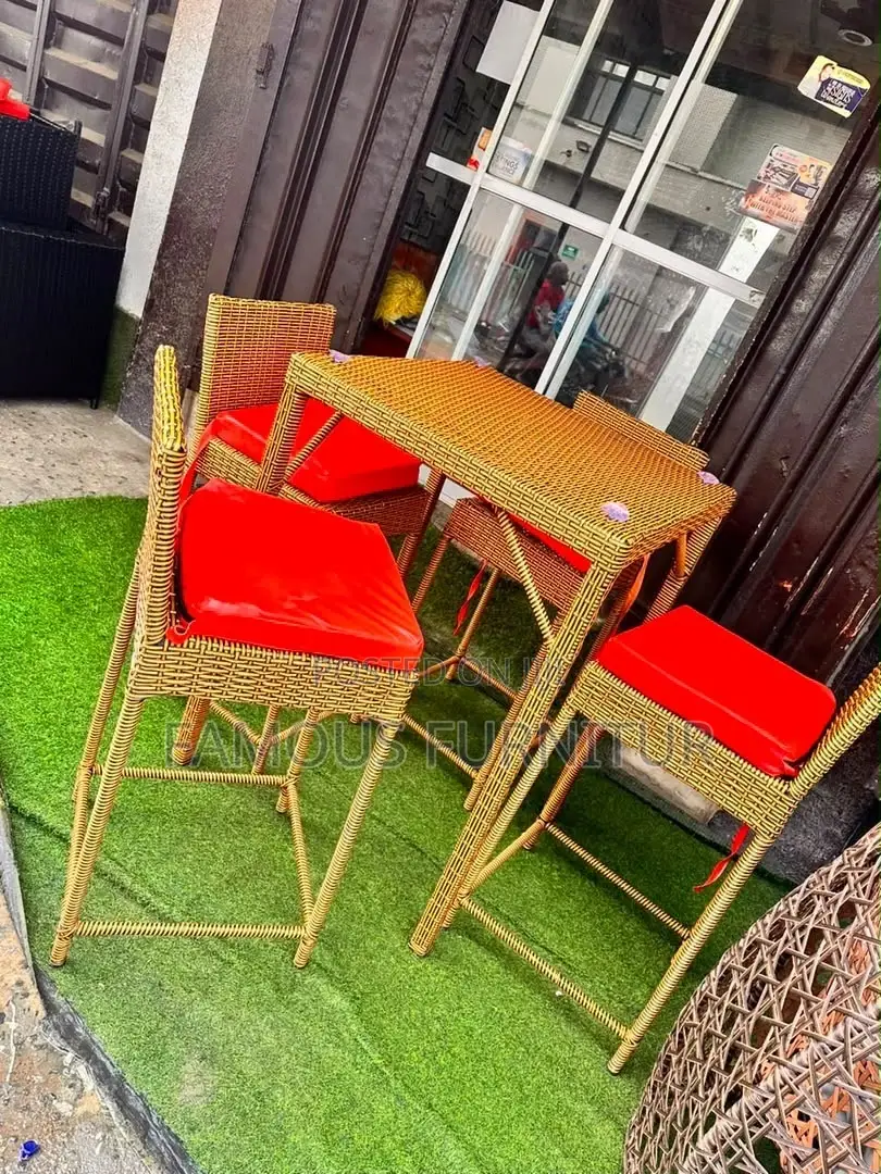 This Is an Outdoor Rattan Bar Table and High Chair Set Available