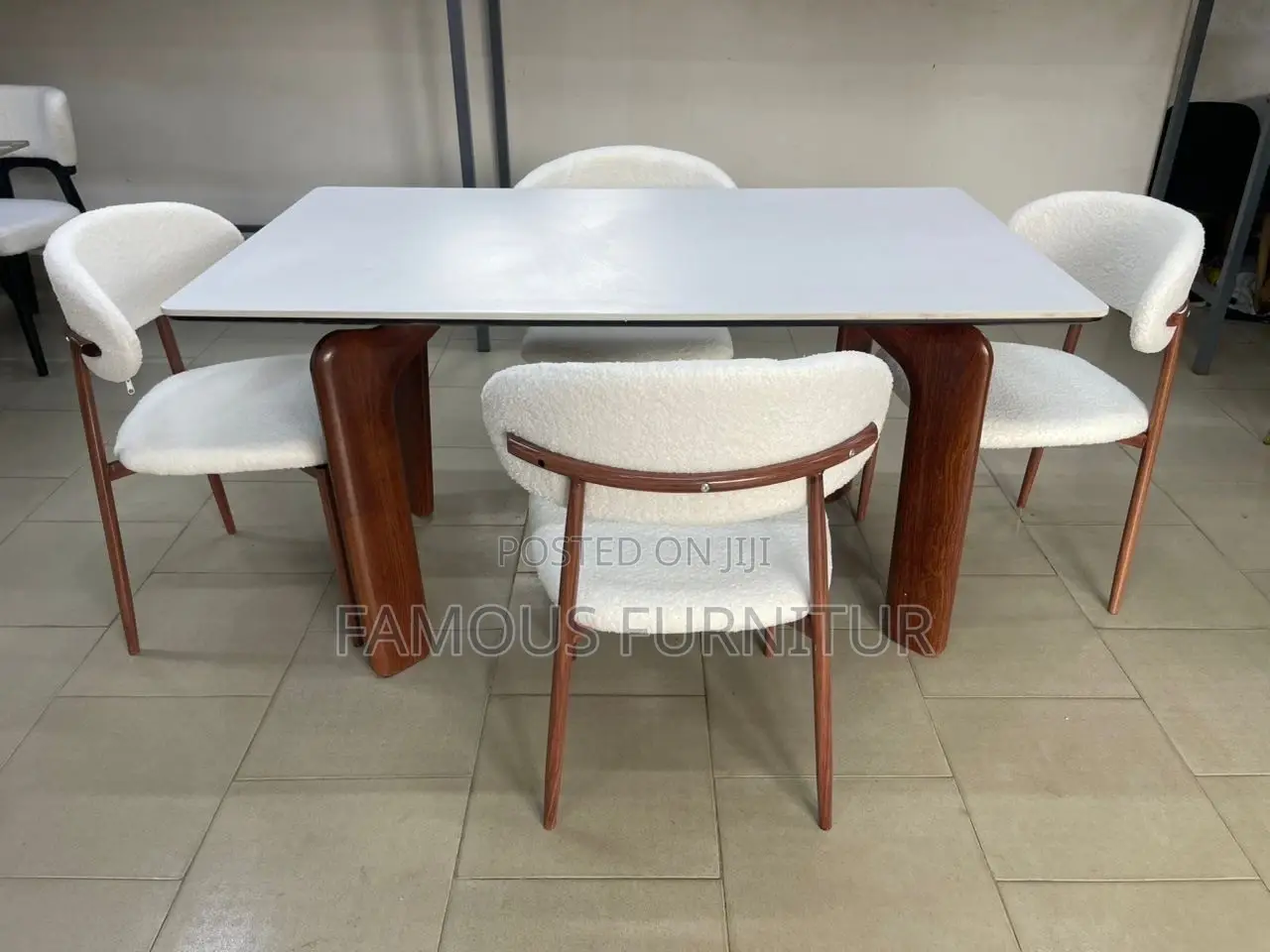 Modern Minimalist Dining Set Featuring Cream Boucle Upholstered Chairs