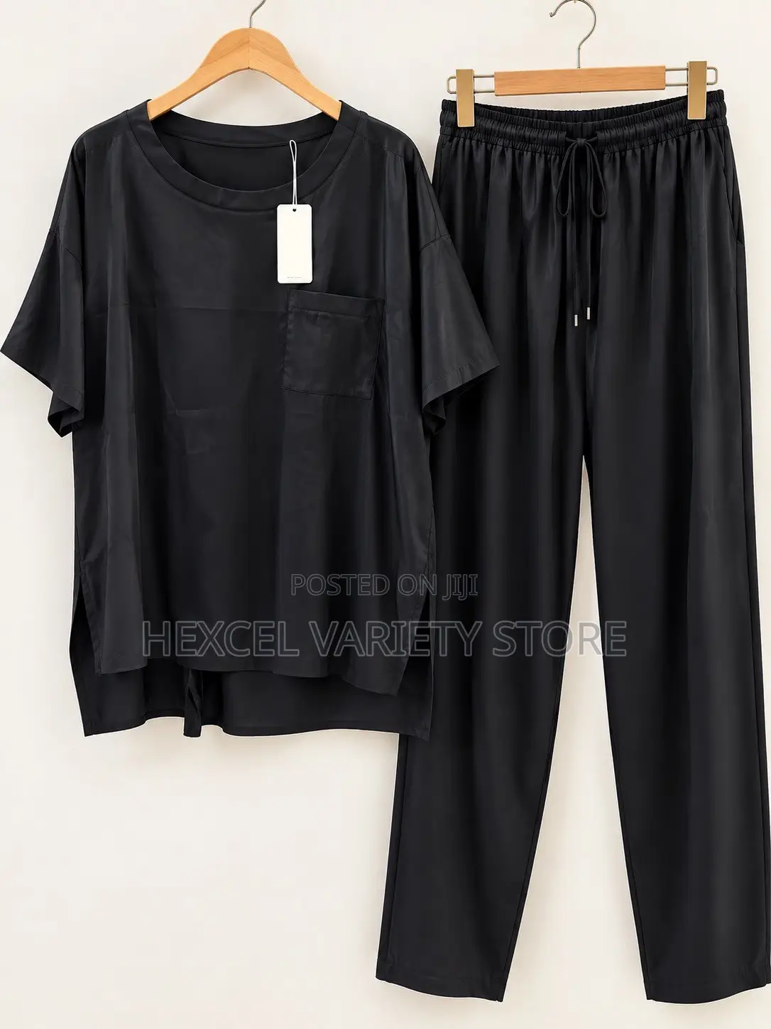 2-Piece Set - Black Satin Casual Outfit