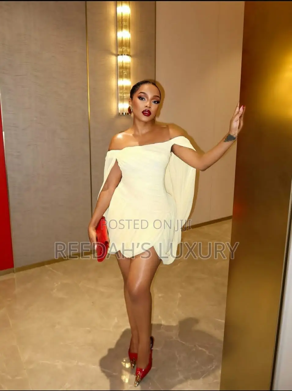 Goddess Draped Off-Shoulder Cape Mini Dress