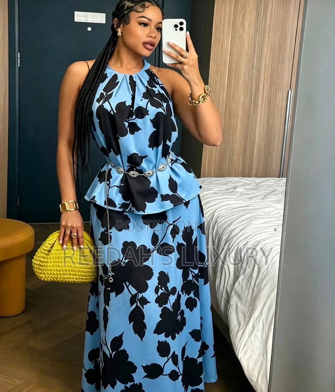 Blue Floral Halter Peplum Maxi Set
