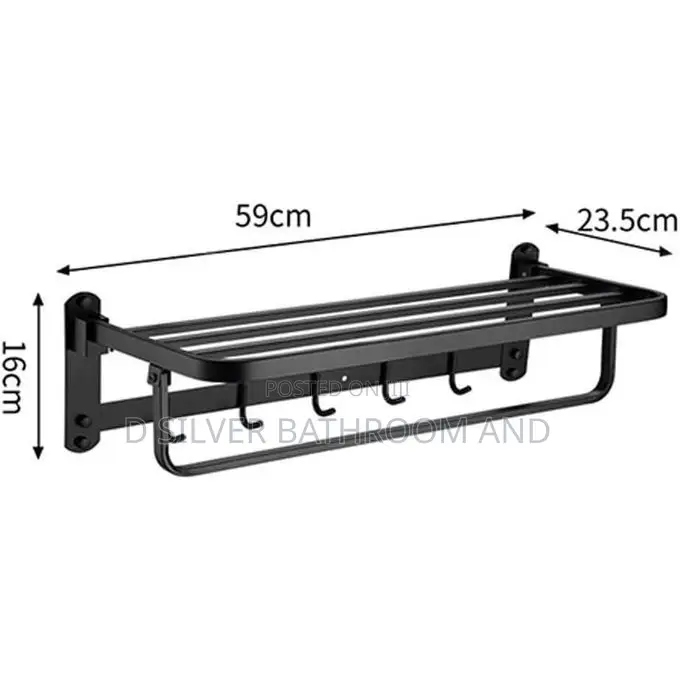 Foldable Black Bathroom Towel Rack With Hooks (60cm)