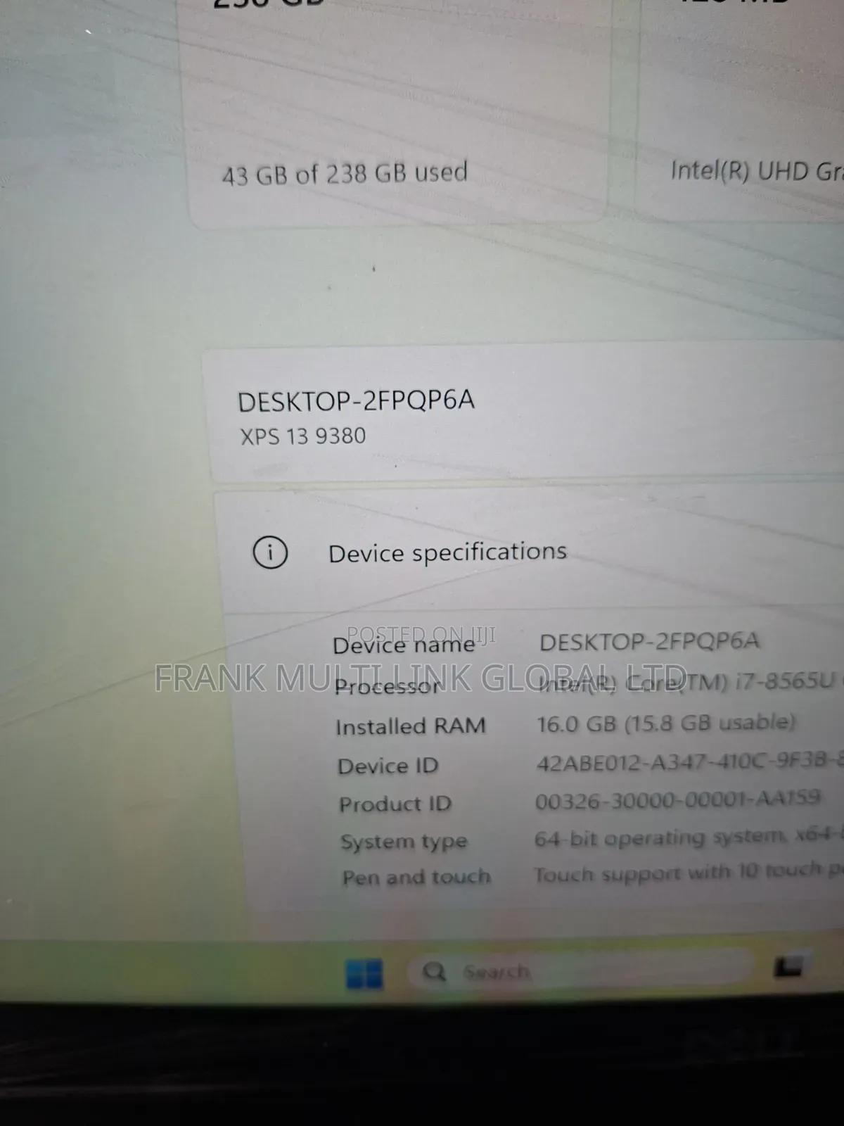 Laptop Dell XPS 13 9380 16GB Intel Core i7 SSD 256GB
