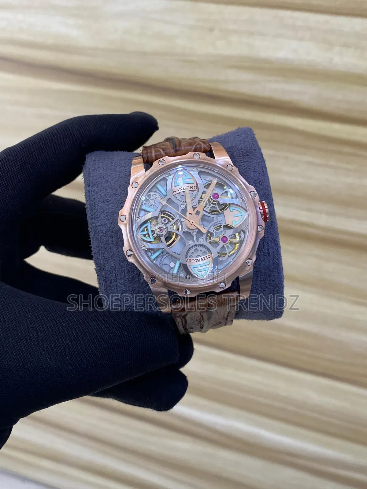 Hanboro Automatic Leather Strap Wristwatches.