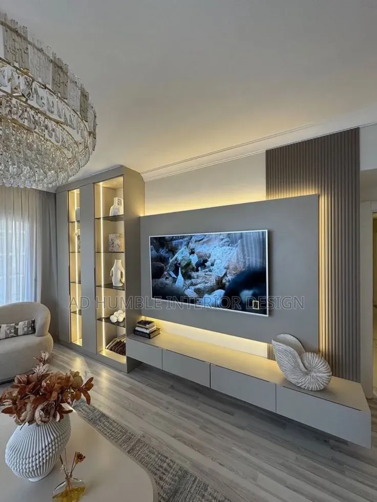 Custom Wall to Wall TV Console Designed With Imported Materials