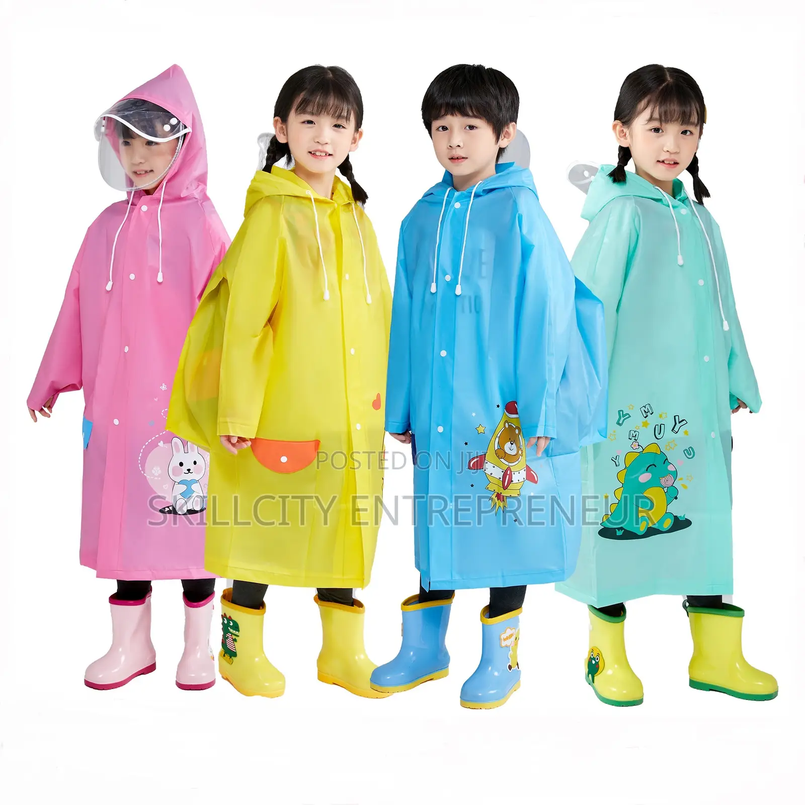 Cute Children Raincoat With Waterproof Bag Space and Face Shield