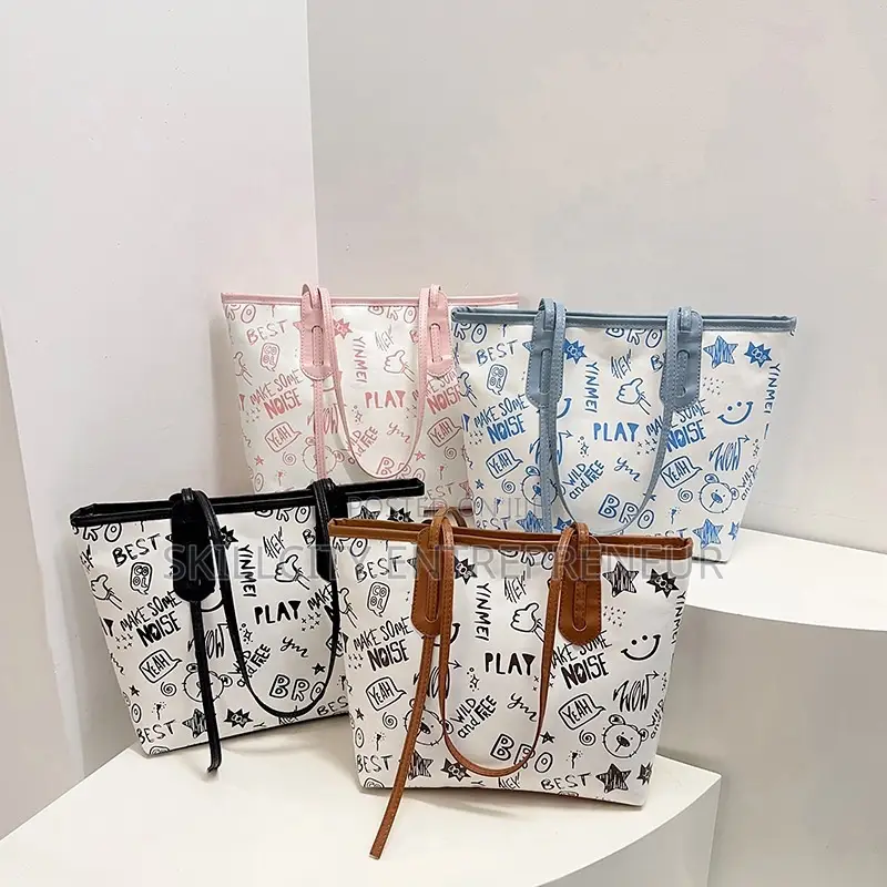 Cute Cartoon Pu Shoulder Bag Women's Large Tote Bag With Zipper