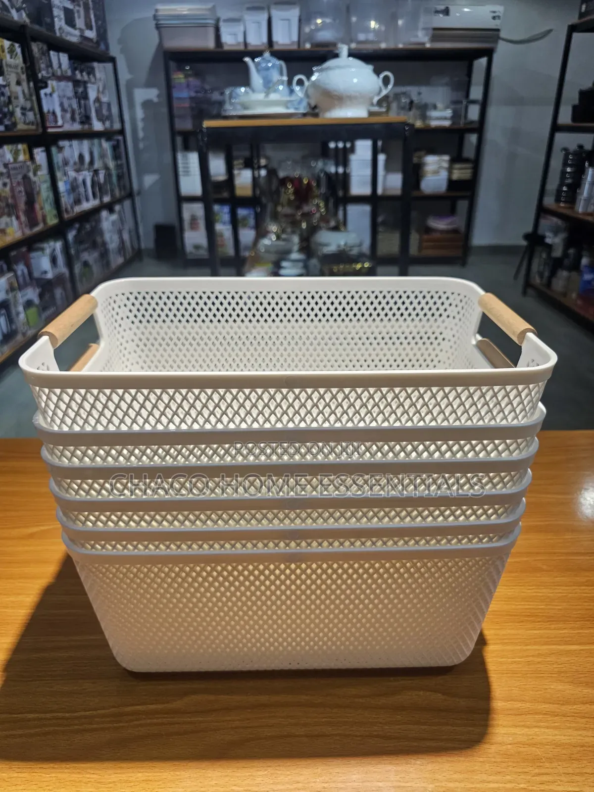 White Plastic Storage Basket With Wooden Handles