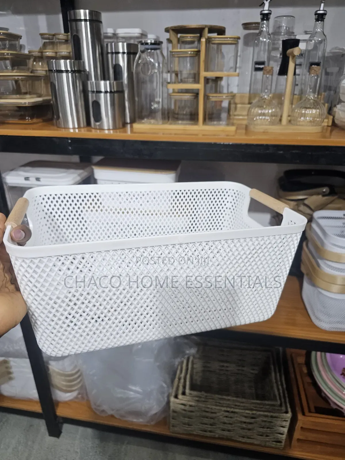 White Plastic Storage Basket With Wooden Handles