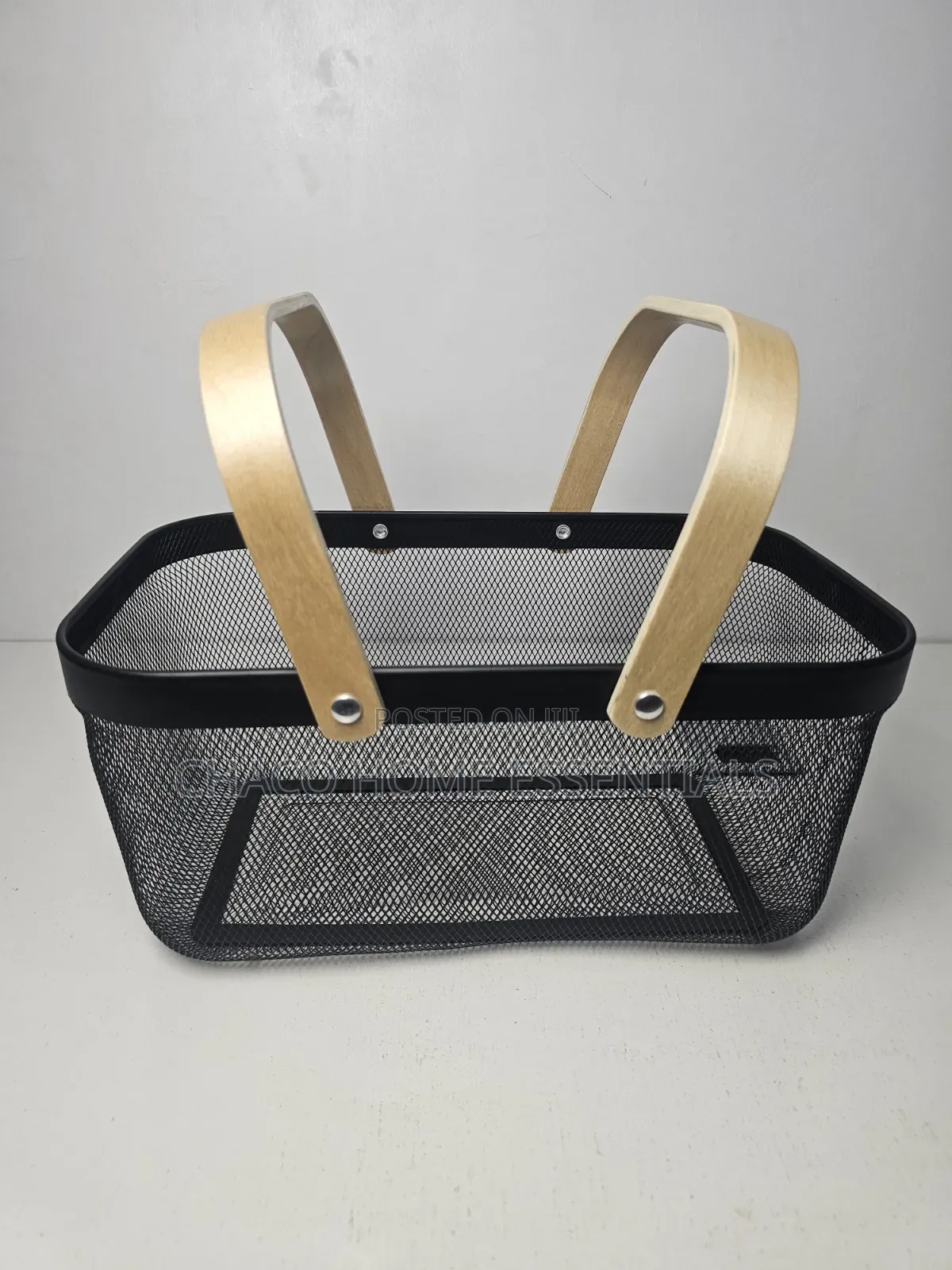 Black Metal Mesh Storage Basket With Wooden Handles