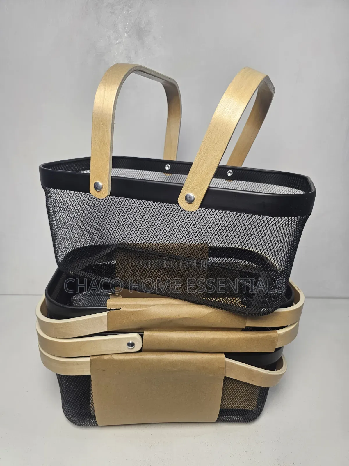 Black Metal Mesh Storage Basket With Wooden Handles