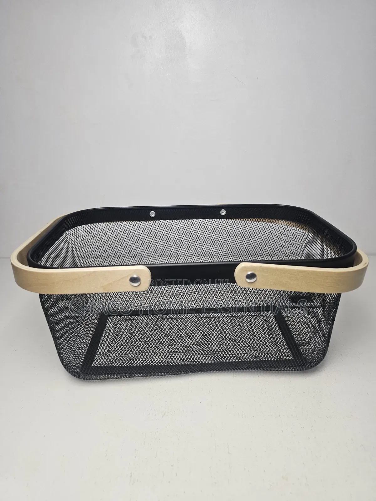 Black Metal Mesh Storage Basket With Wooden Handles