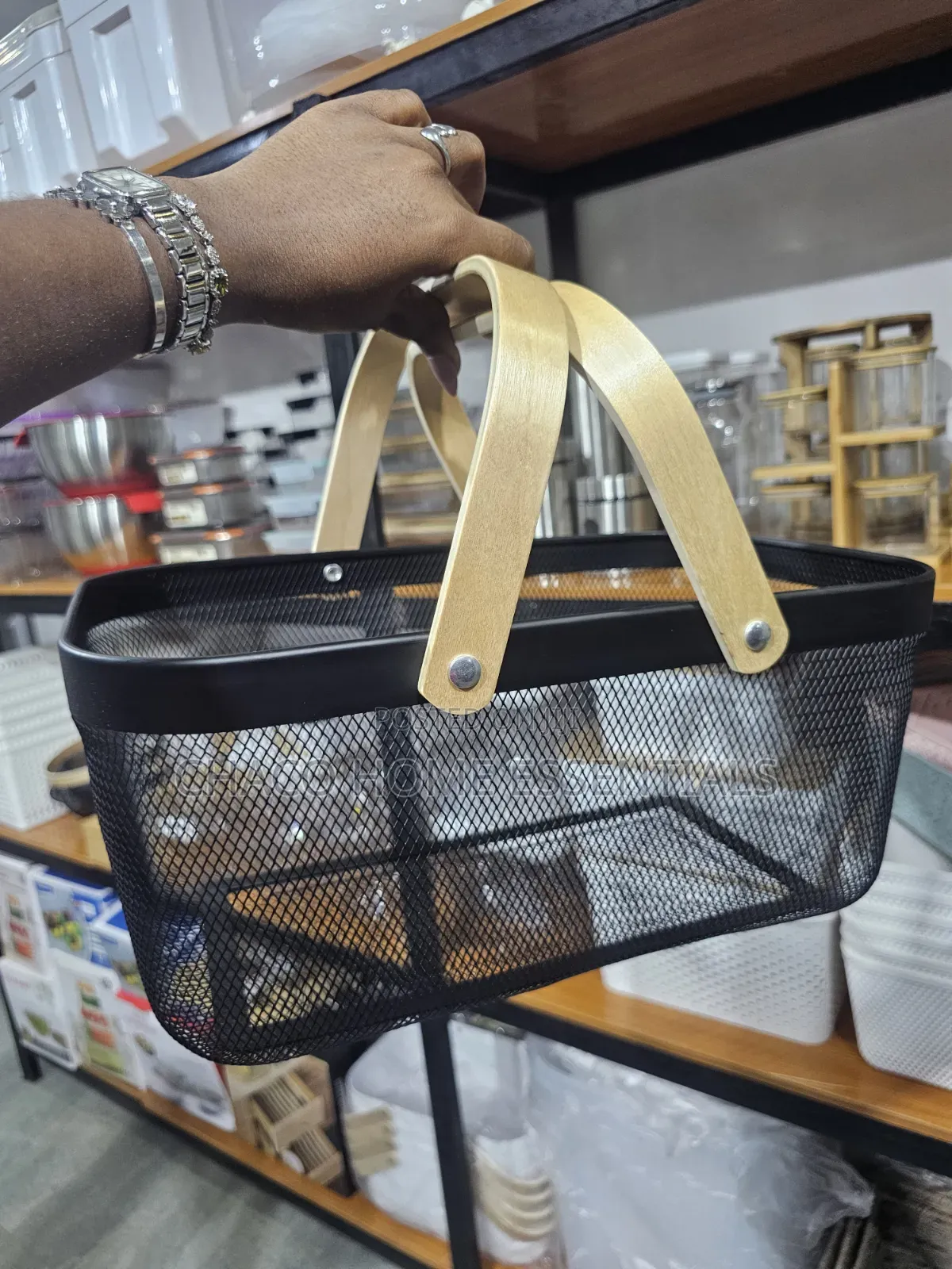 Black Metal Mesh Storage Basket With Wooden Handles
