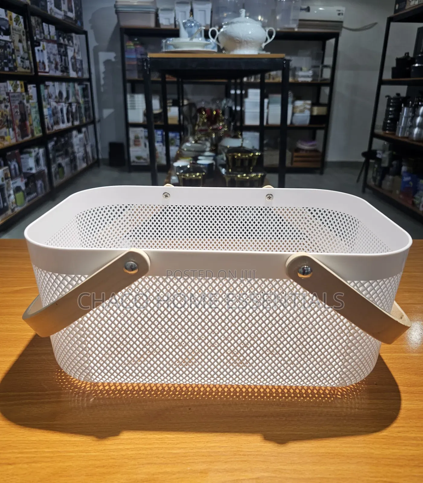 White Mesh Storage Organizer Basket With Wooden Handles