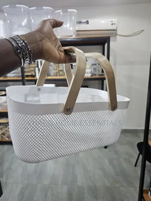 White Mesh Storage Organizer Basket With Wooden Handles