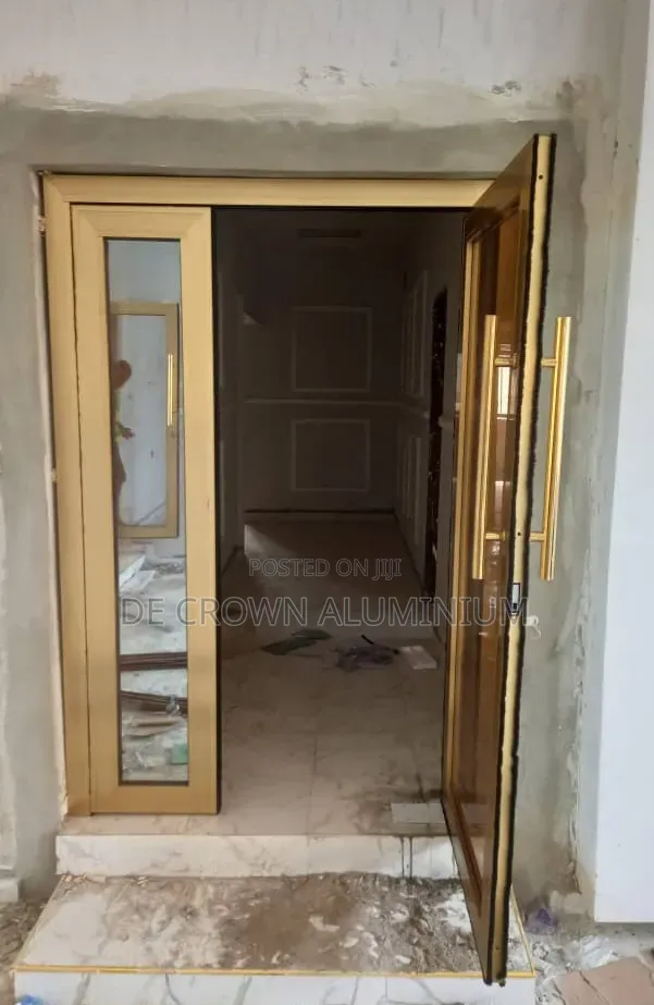Gold Aluminium Swing Door With Reflective Glass | Modern Entrance Door