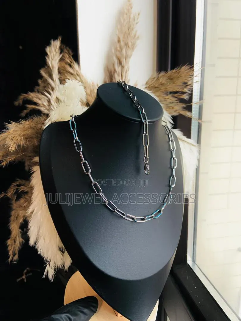 Platinum Paperclip Chain Necklace Bracelet Set - Unisex Link Set