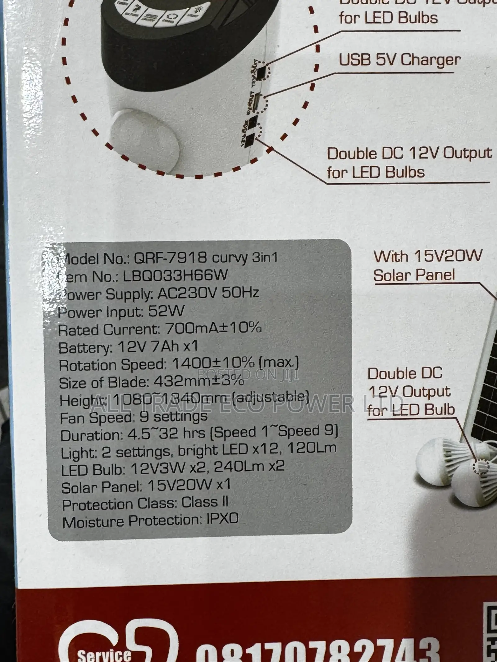 Qasa Curvy 3-in-1 Rechargeable Fan +Solar Panel Two Bulbs