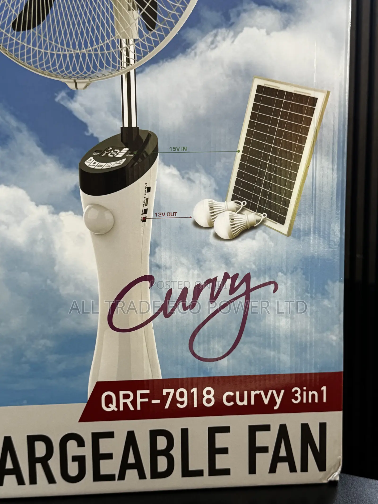 Qasa Curvy 3-in-1 Rechargeable Fan +Solar Panel Two Bulbs