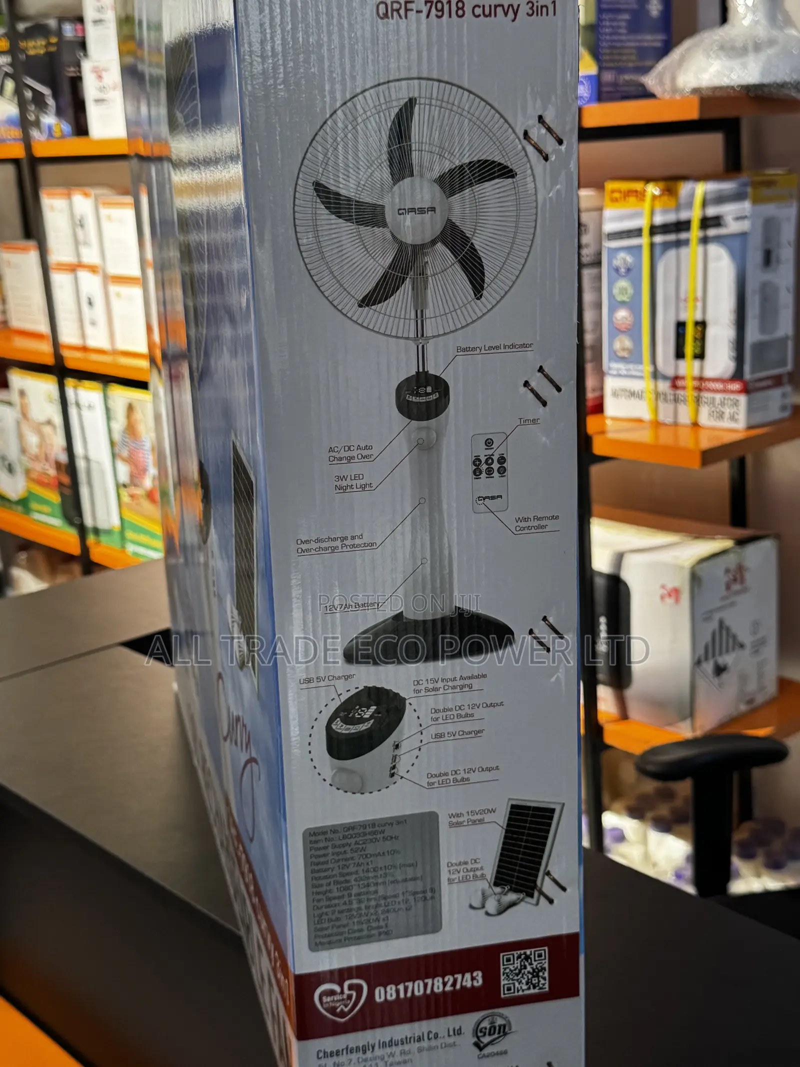 Qasa Curvy 3-in-1 Rechargeable Fan +Solar Panel Two Bulbs