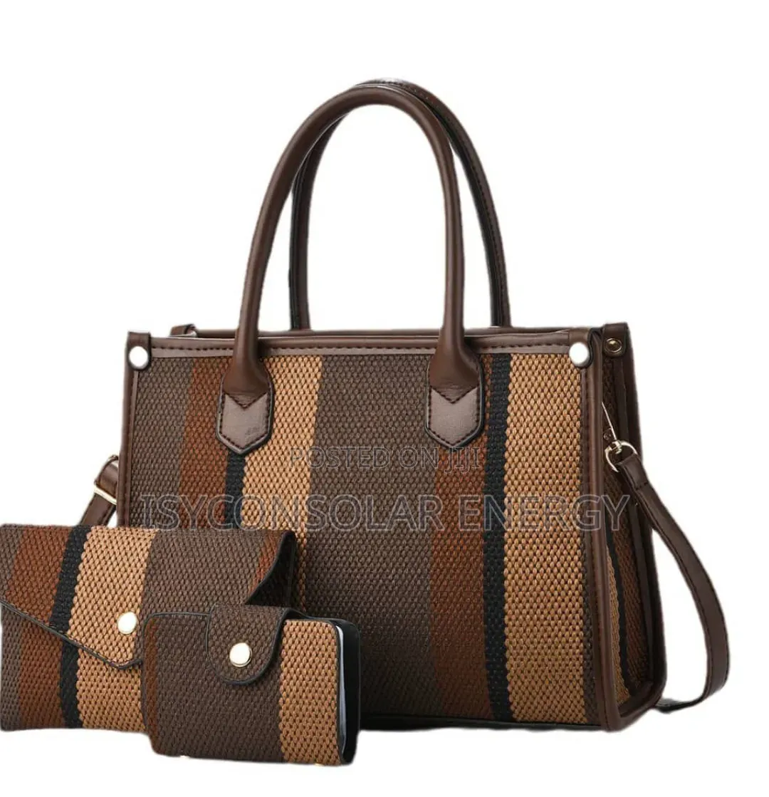 Brown and Tan Striped Canvas Handbag