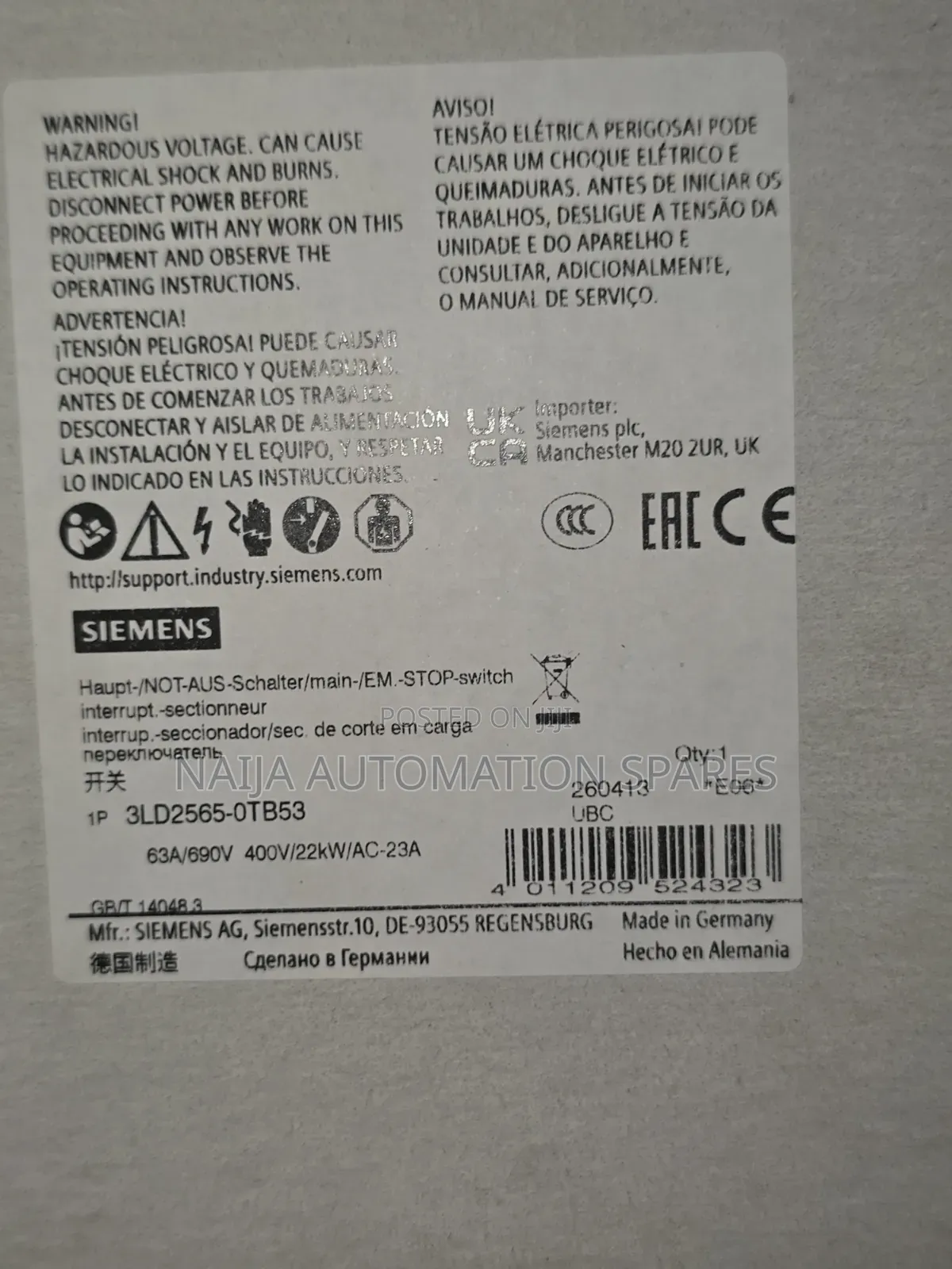 3ld2565-0tb53 | Siemens | Rotary Switch Disconnector | 3 Poles 63 A