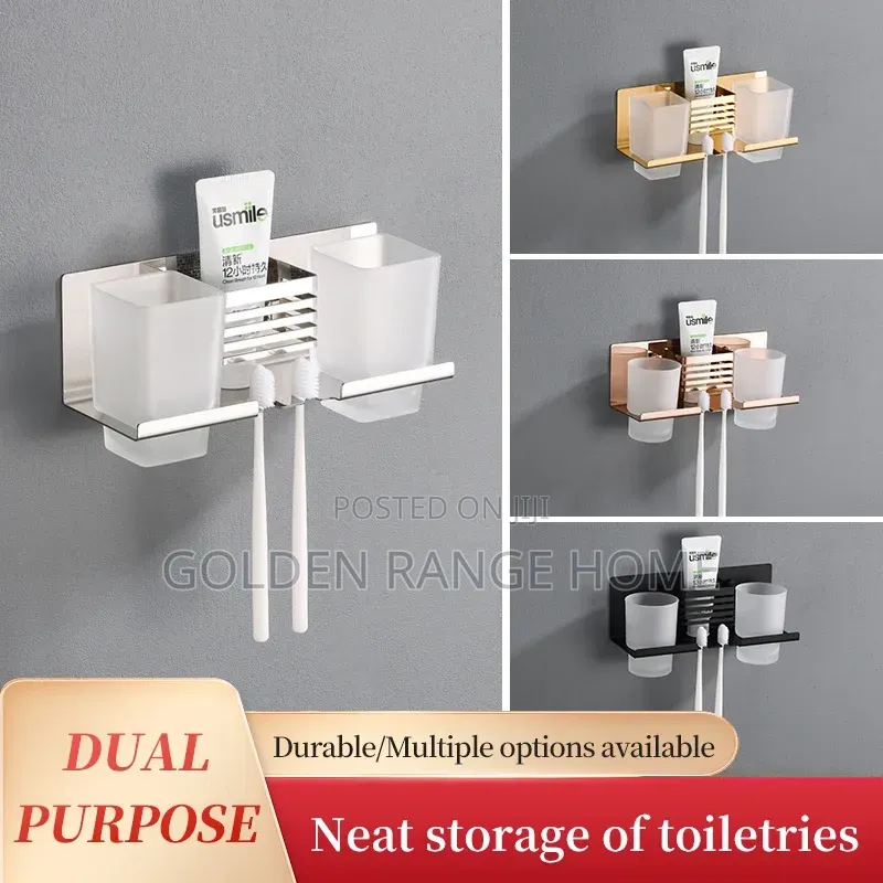 Wall-Mounted Stainless Steel Double Toothbrush/Toothpaste Holder