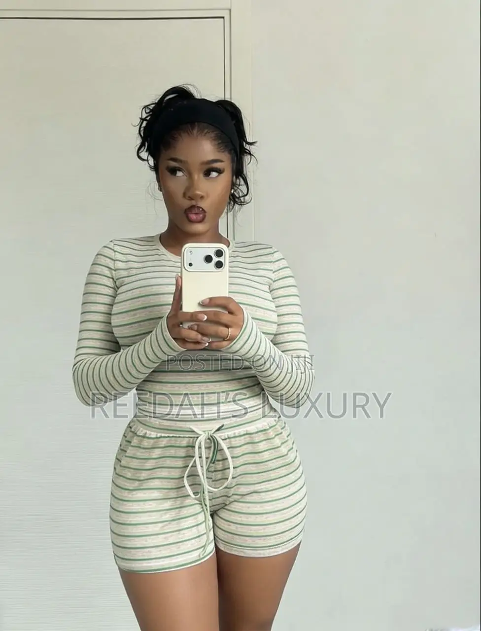 Cozy Green Neutral Striped Two-Piece Wear
