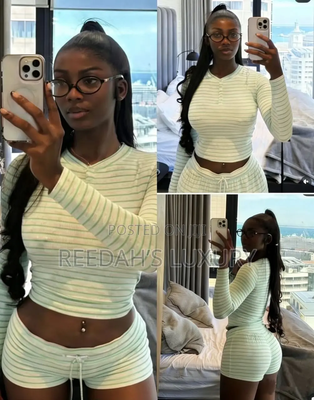 Cozy Green Neutral Striped Two-Piece Wear