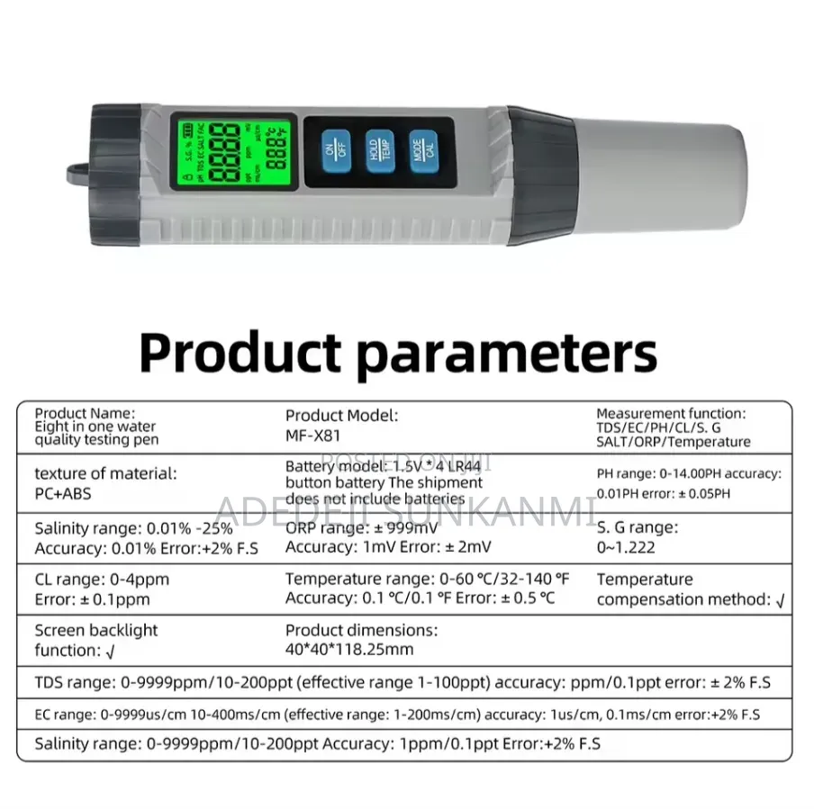 8 in 1 Water Quality Tester (Cl, PH, TDS,ORP, Temp.,EC, S.G, Salt)