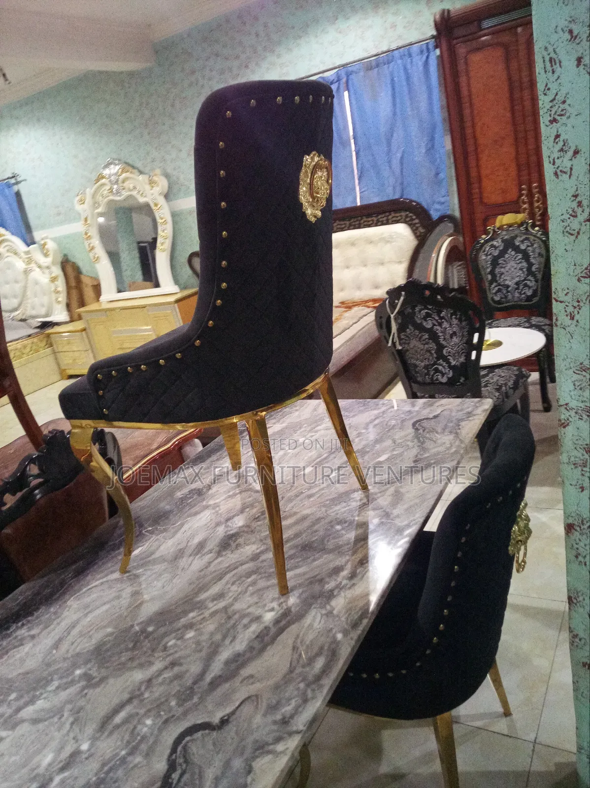 Eight Seaters Marble Dining Table Set With Fabric Standard Chairs