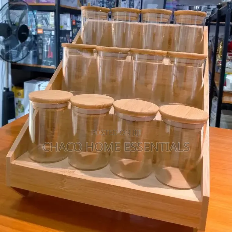 12-Piece Glass Spice Jar Set With Bamboo Rack Airtight Lids