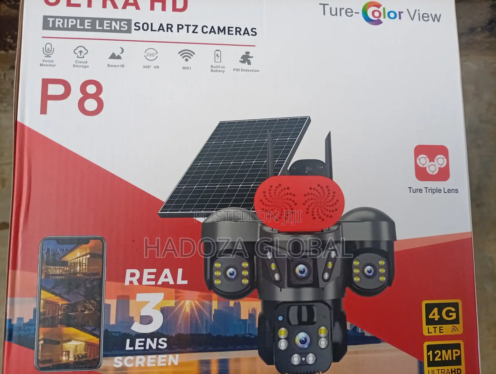 Ultra HD Three Lens PTZ Security Camera With Solar Charging