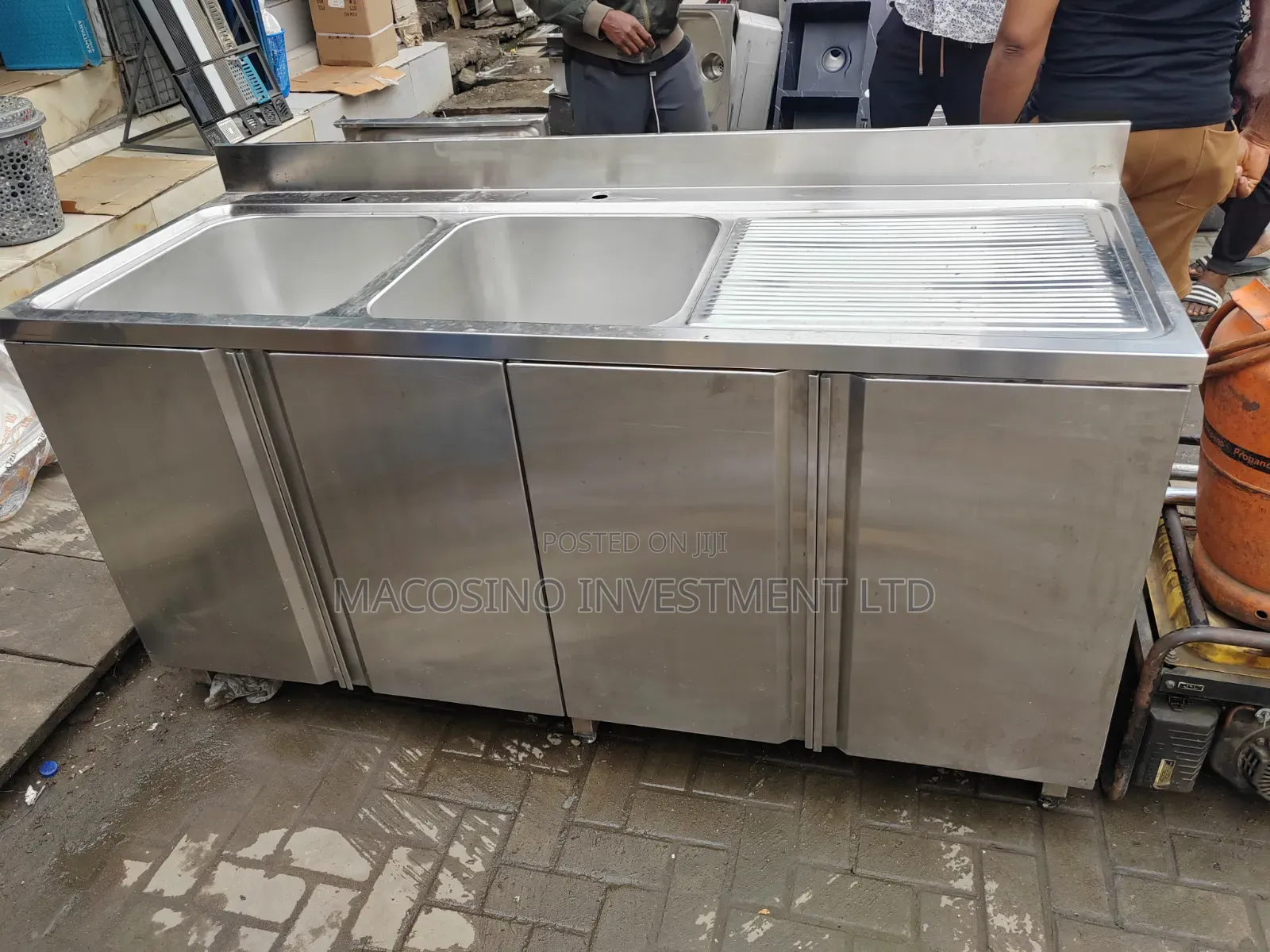 Stainless Steel Cabinet Sink, Double Bowl With Side Tray.
