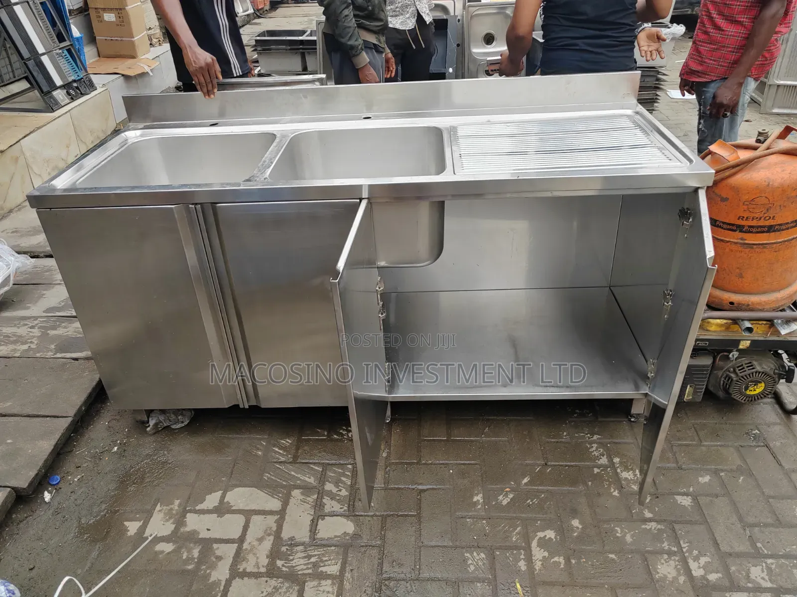 Stainless Steel Cabinet Sink, Double Bowl With Side Tray.