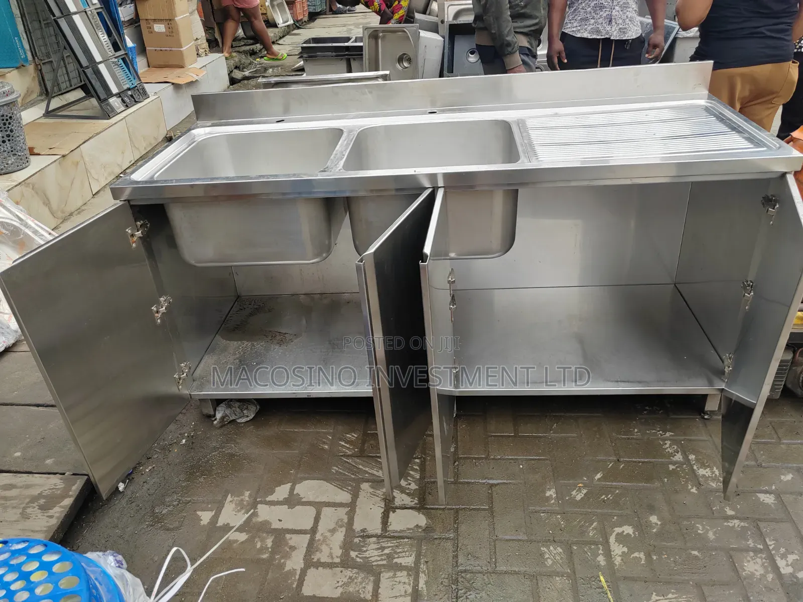 Stainless Steel Cabinet Sink, Double Bowl With Side Tray.